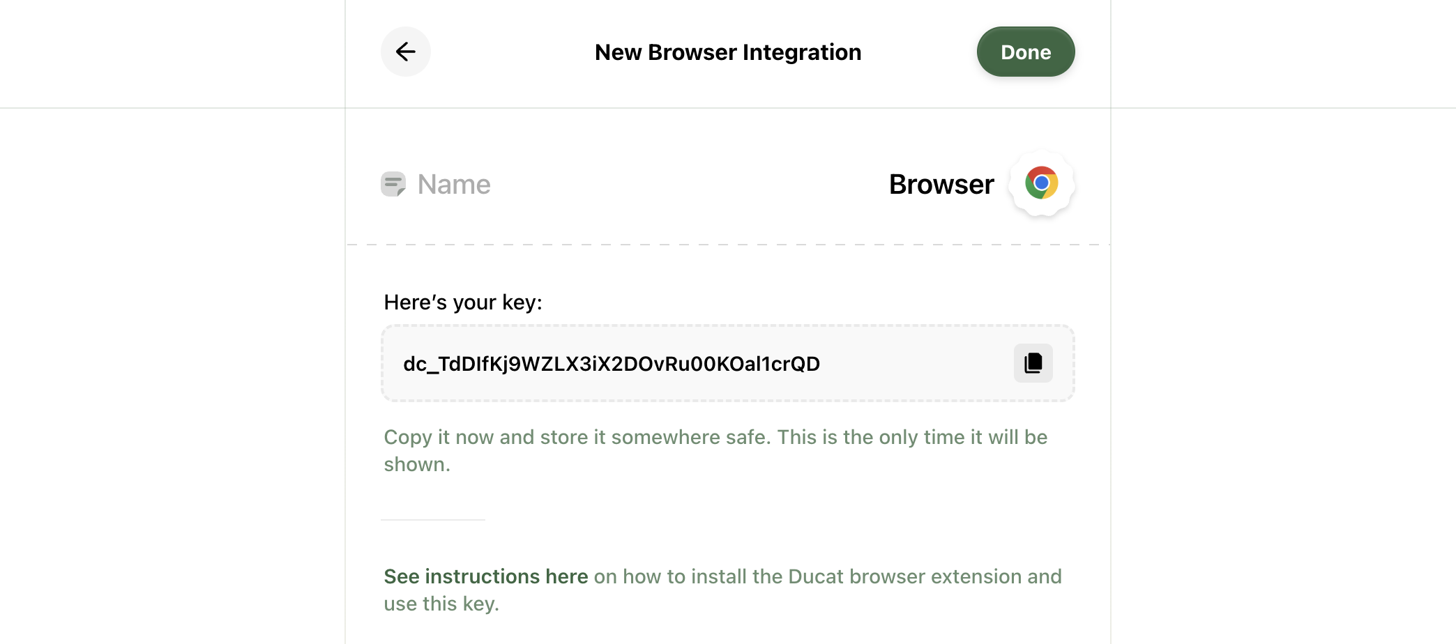 Generated browser integration key